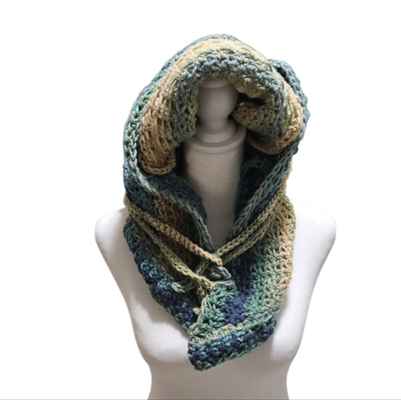 Hand Crafted Crochet Multicolored 10-way scarf winter hoodie handmade blue shawl - Picture 17 of 17
